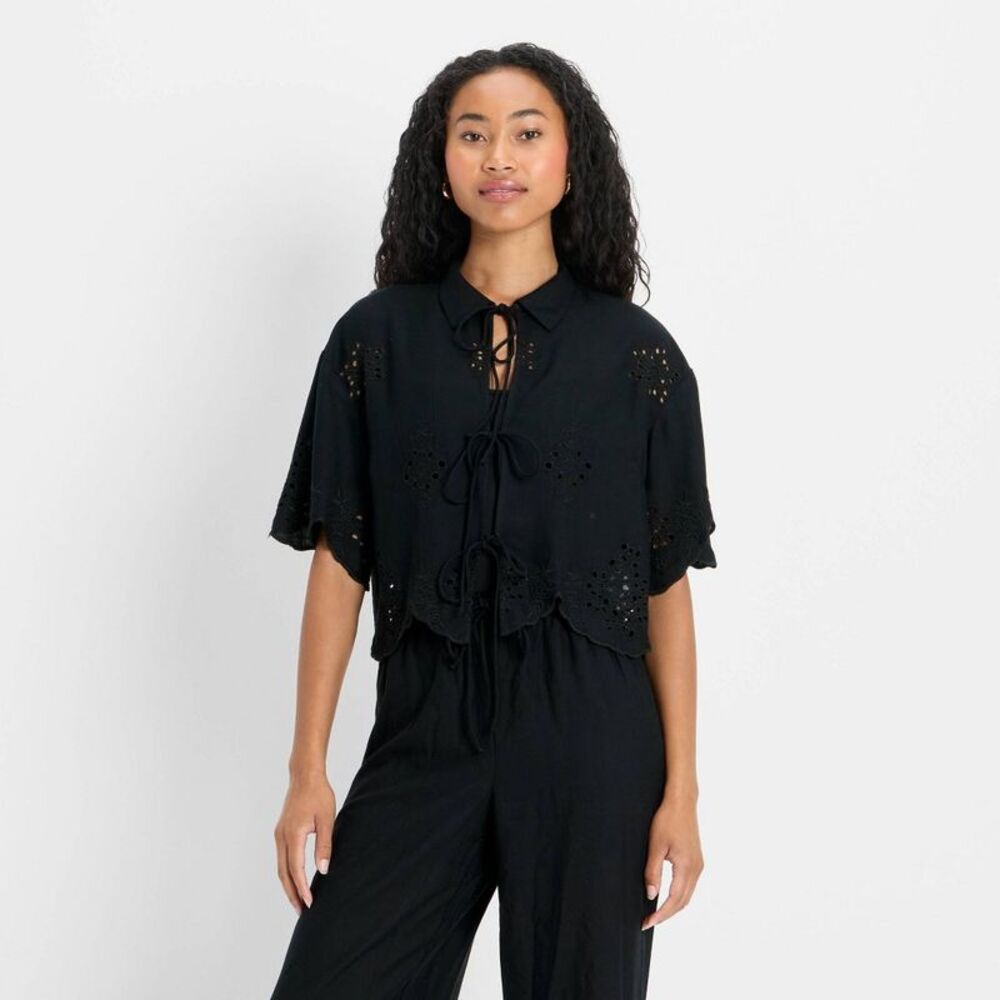 Women's Short Sleeve Embroidered Tie-Front Blouse - Future Collective Black M